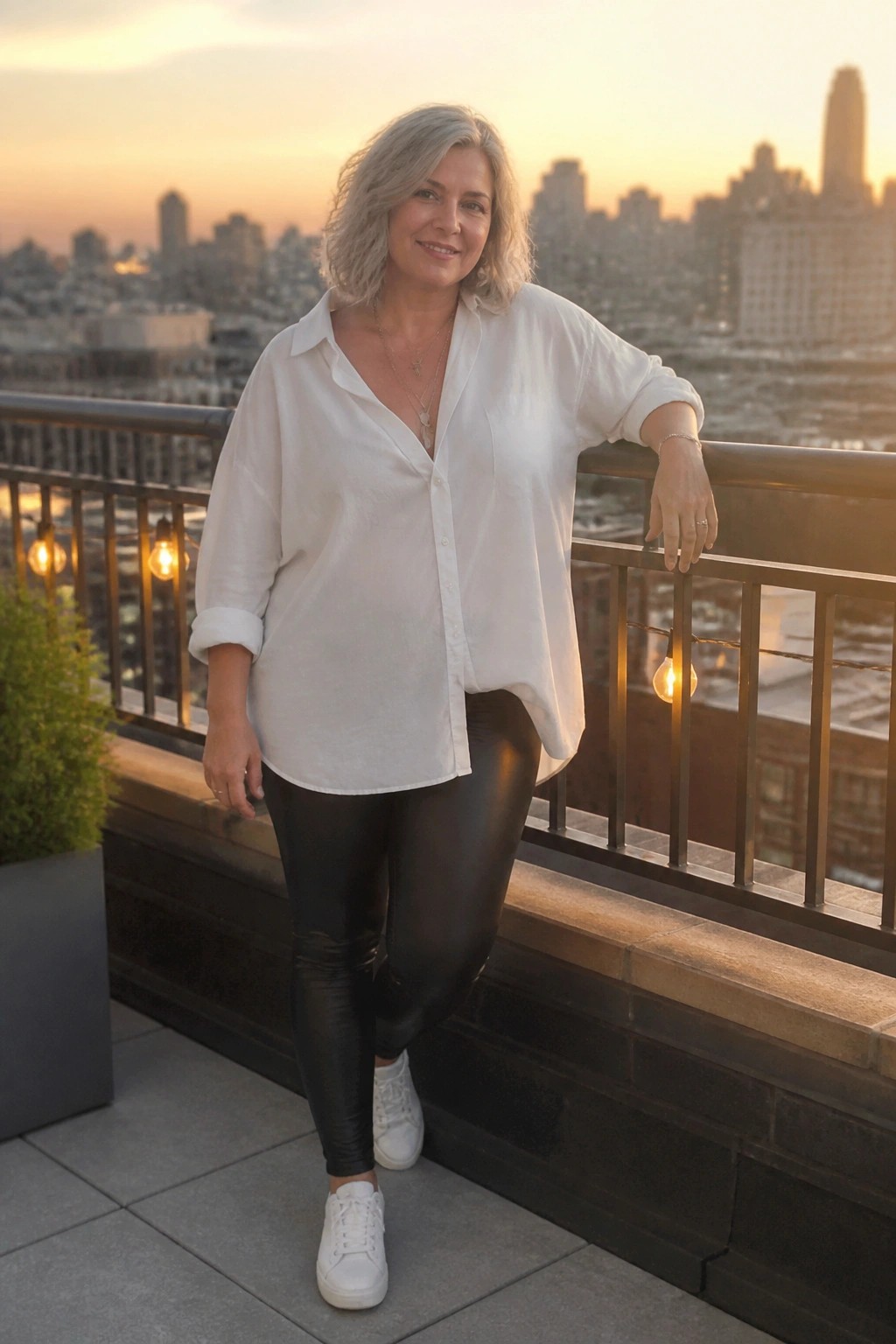 Woman with gray hair in white shirt and black leggings on city rooftop at sunset