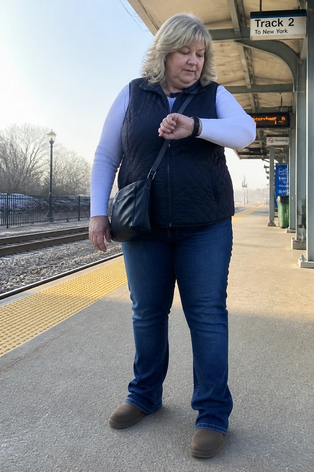 Woman in navy vest and jeans checks watch on Track 2 New York platform