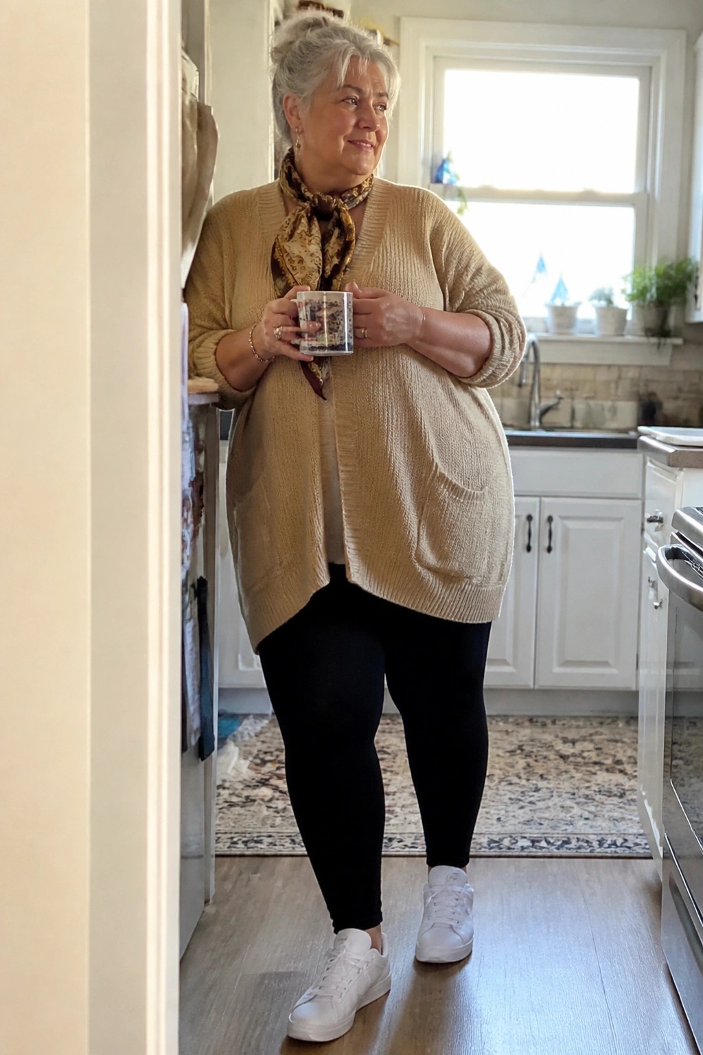 Gray-haired woman in beige cardigan and scarf holds mug in kitchen