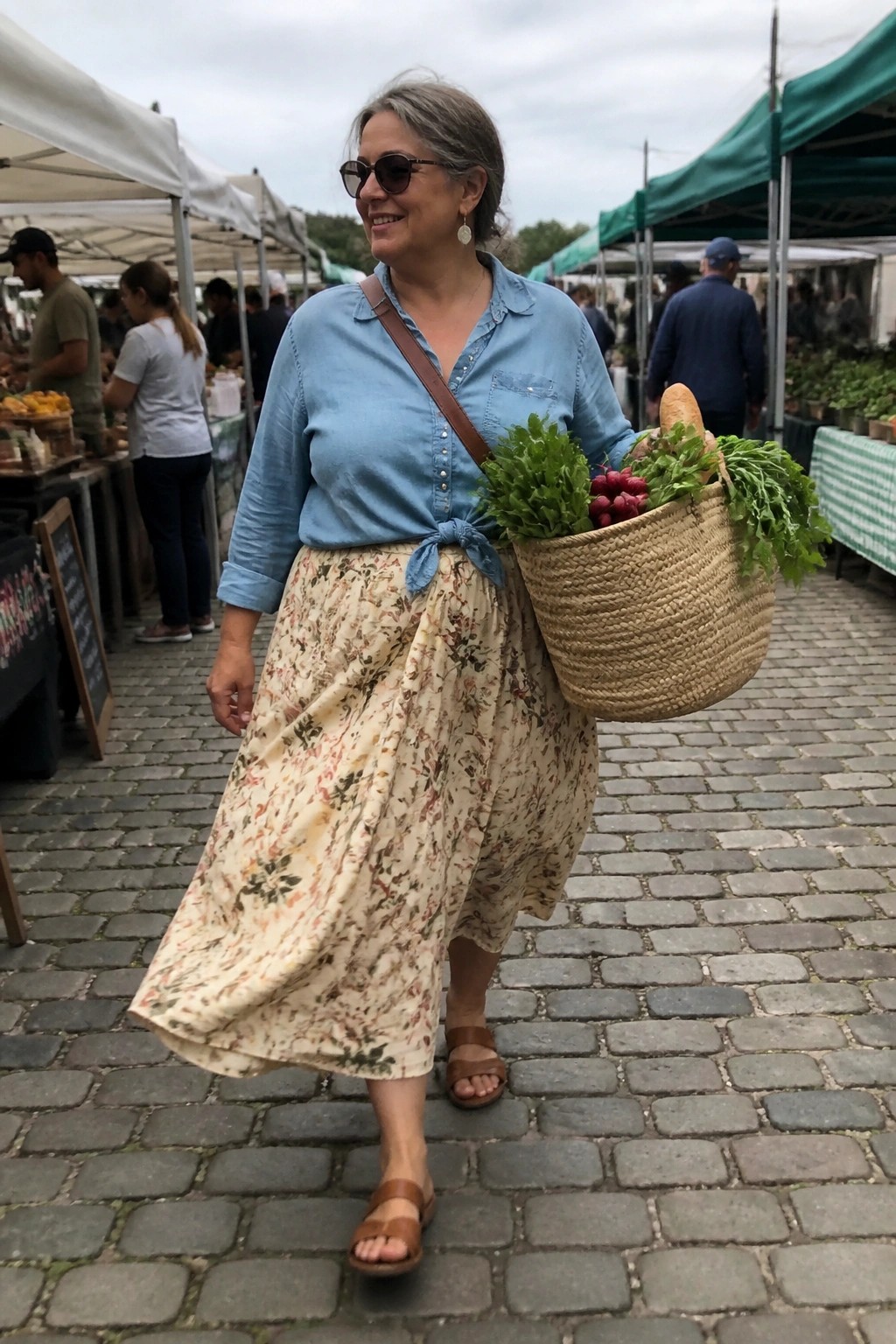 Smiling woman in blue shirt and floral skirt carrying produce basket at market