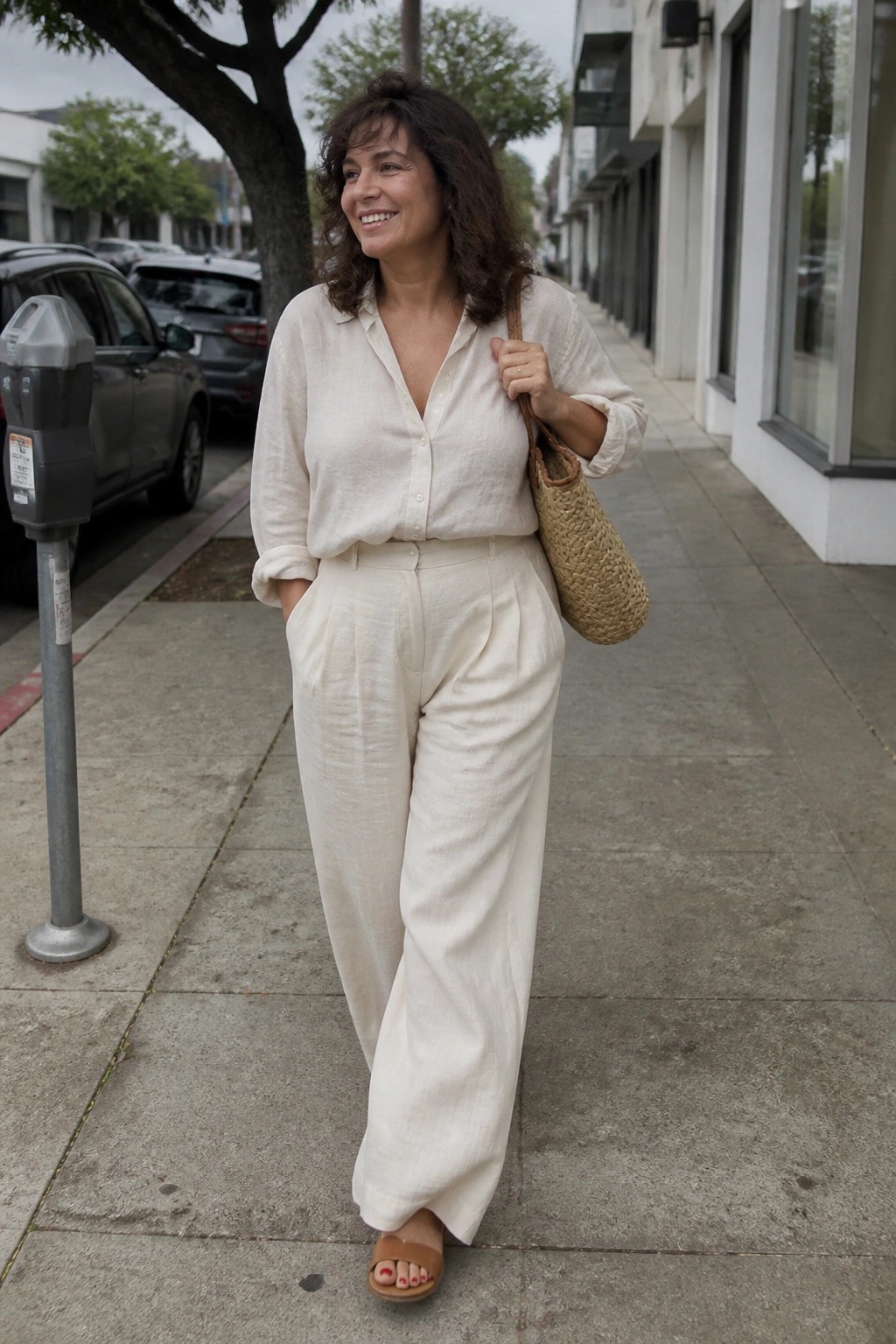 Woman in white linen shirt and wide pants carries woven bag on sidewalk