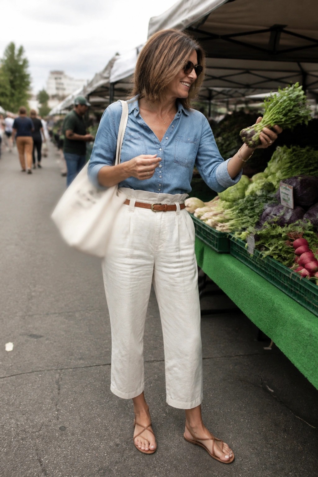 Woman in denim shirt and white pants holding greens at market stall