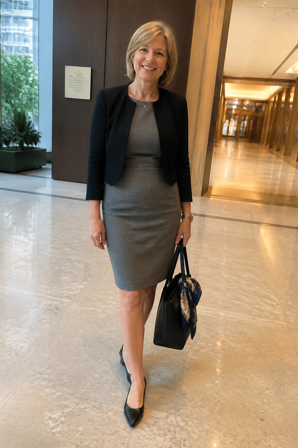 Smiling blonde woman in gray dress and black blazer holding handbag in marble lobby