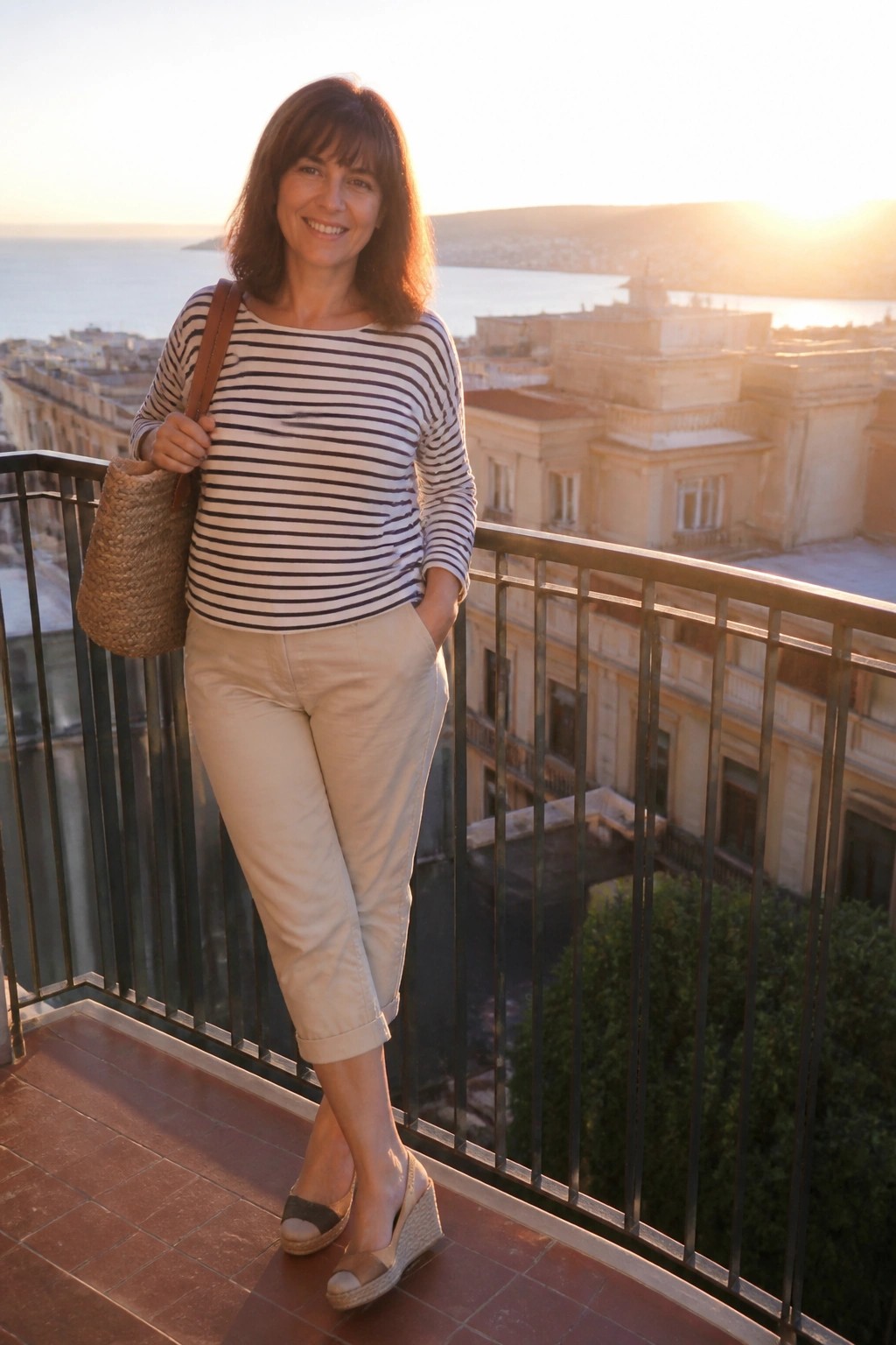 Woman over 50 in a navy striped long sleeve top tucked into beige cropped pants with wedge espadrilles and a woven shoulder bag standing on a balcony.