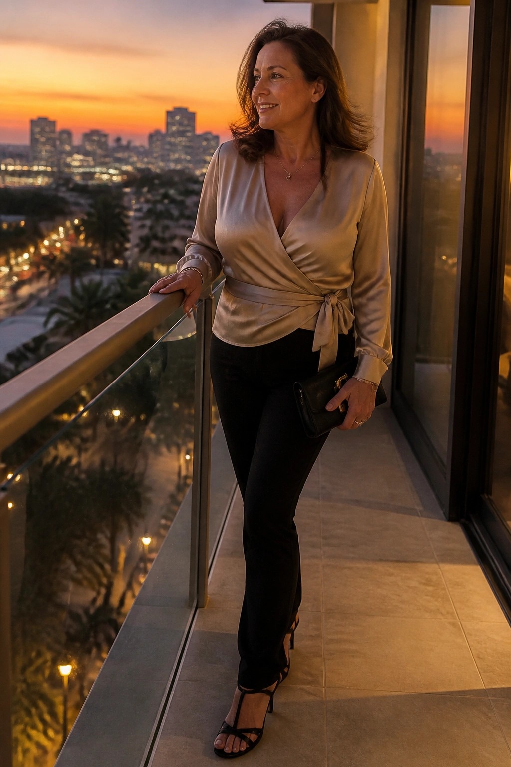 Woman in beige satin wrap blouse and black pants on sunset city balcony
