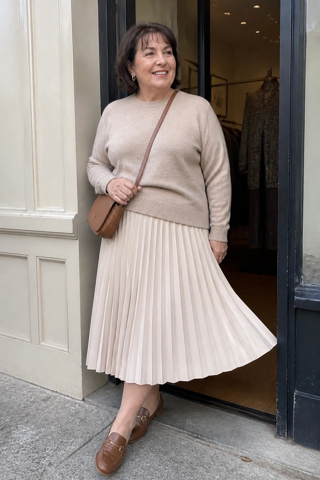 Woman in beige sweater and pleated skirt with brown bag at shop entrance