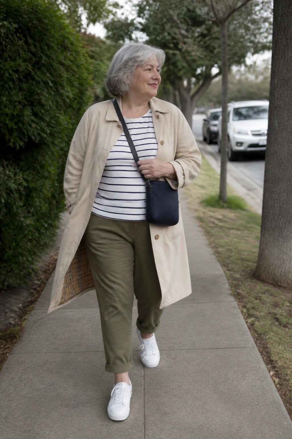Elderly woman in beige coat, striped shirt, and olive pants walking on sidewalk.
