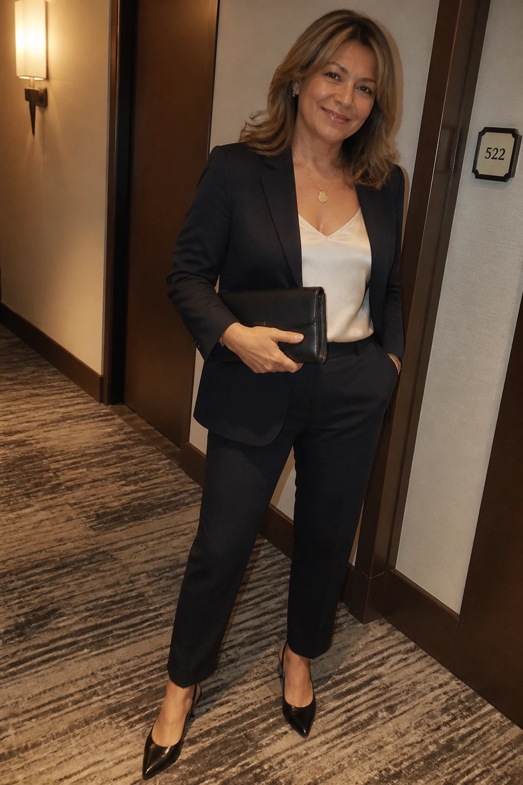 Woman in black pantsuit with white camisole holding clutch in hotel hallway