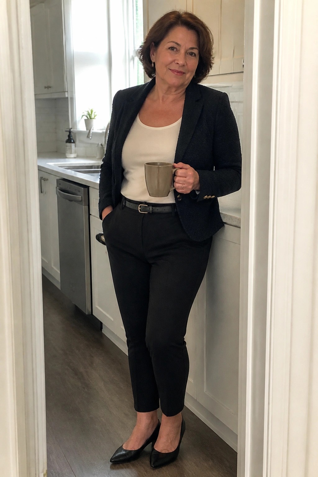Smiling woman in dark blazer and black pants holding beige mug in kitchen