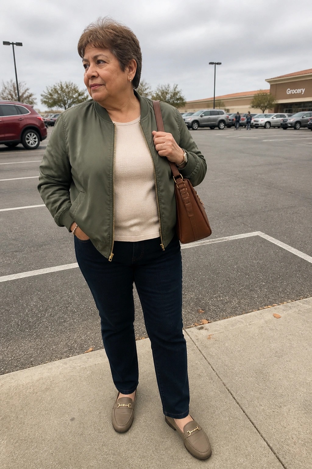 Woman in green bomber jacket holding brown bag in parking lot