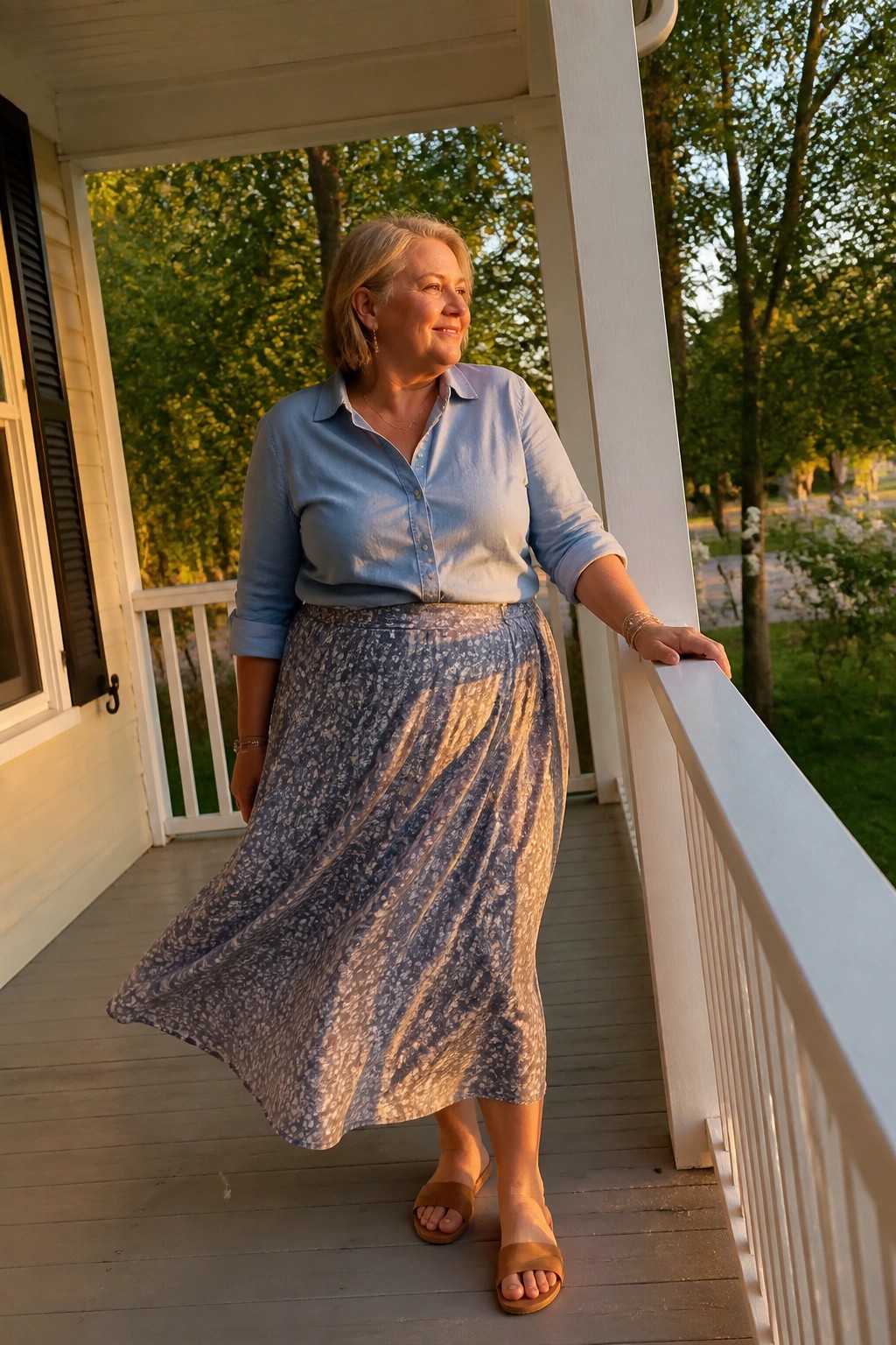 A plus size woman over 50 in a light blue button up shirt tucked into a blue and white patterned midi skirt paired with brown slide sandals and delicate jewelry.