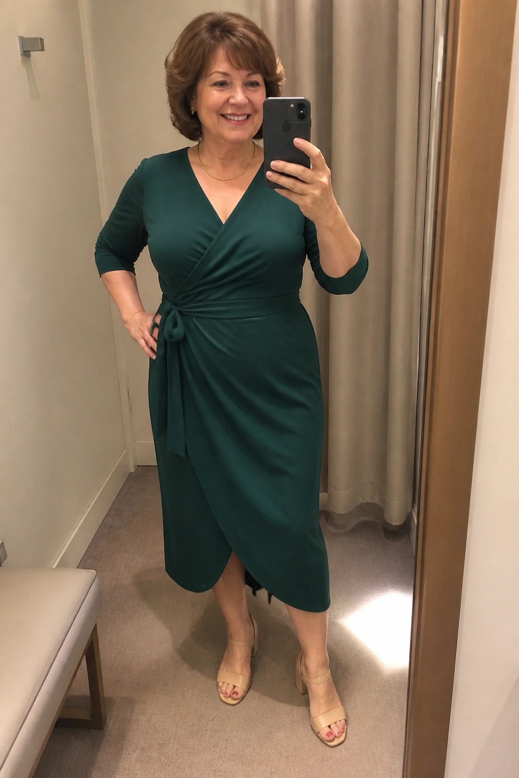 Smiling woman in green wrap dress taking mirror selfie with smartphone