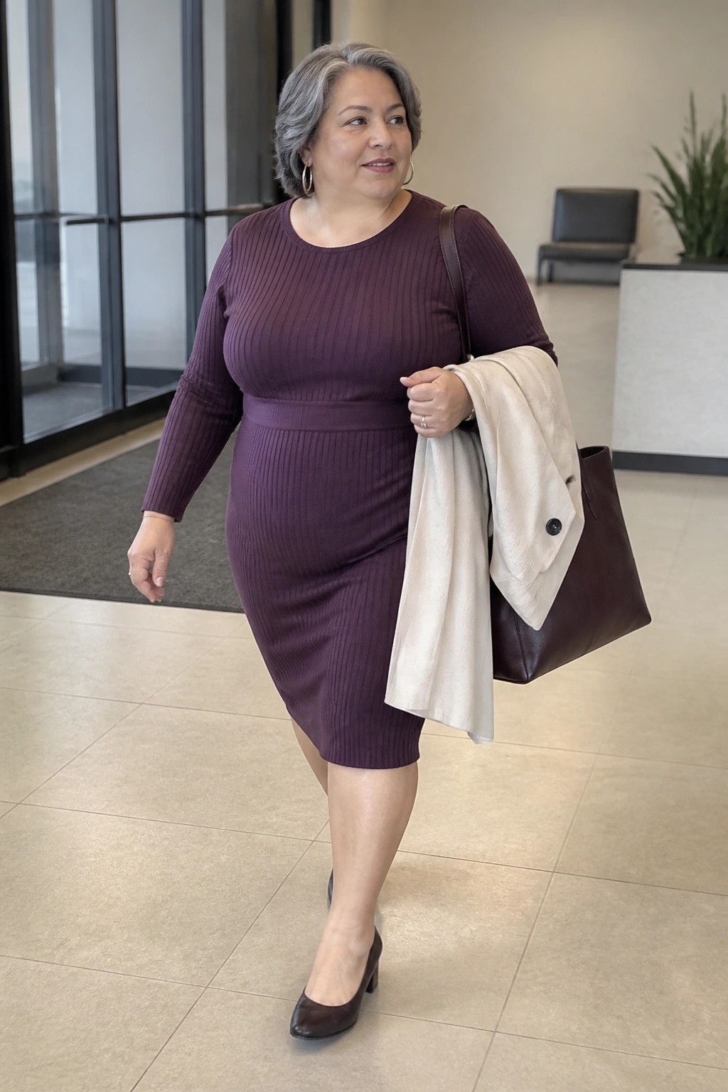 Woman in purple ribbed dress holding beige coat and brown leather tote in lobby