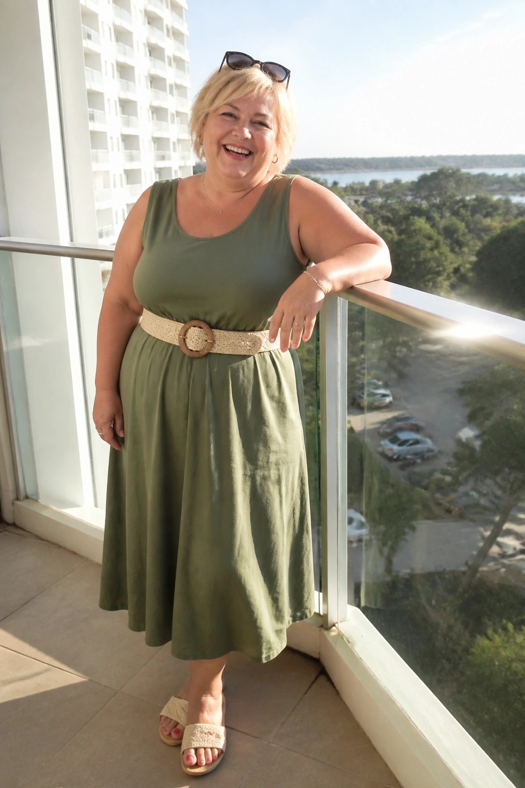 Smiling blonde woman in olive green dress leans on balcony overlooking parking lot and lake.