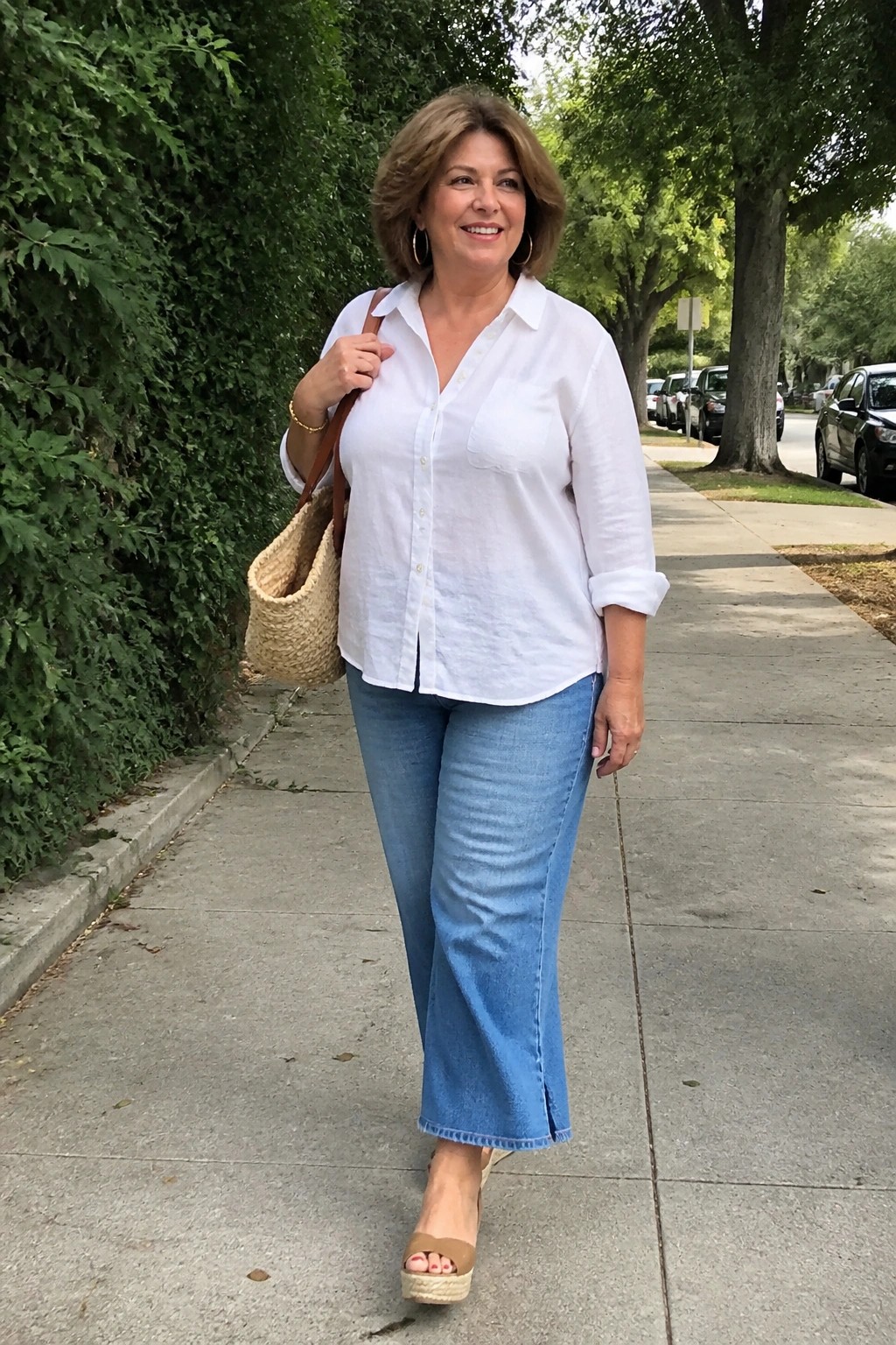 Smiling woman in white shirt and blue jeans carrying straw bag on sidewalk