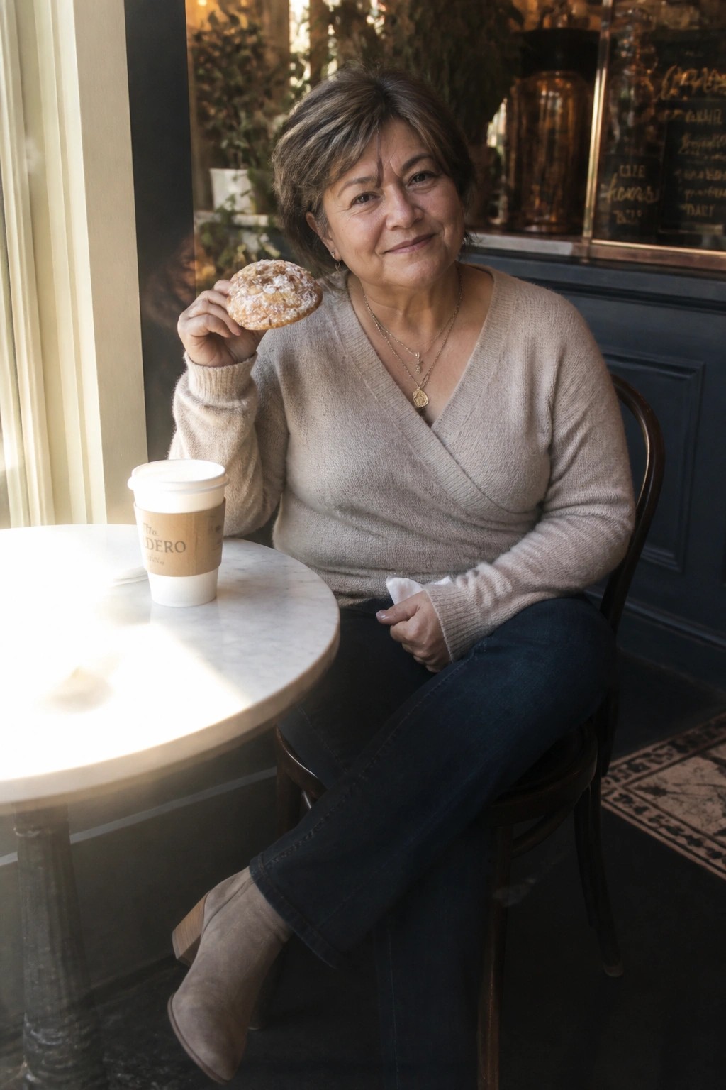 Woman in beige sweater holds pastry at cafe table with coffee cup.