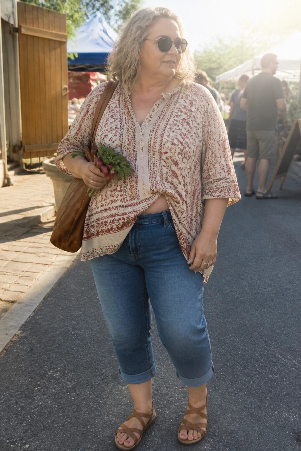 Curly-haired woman in floral top and jeans holding radishes at sunny market