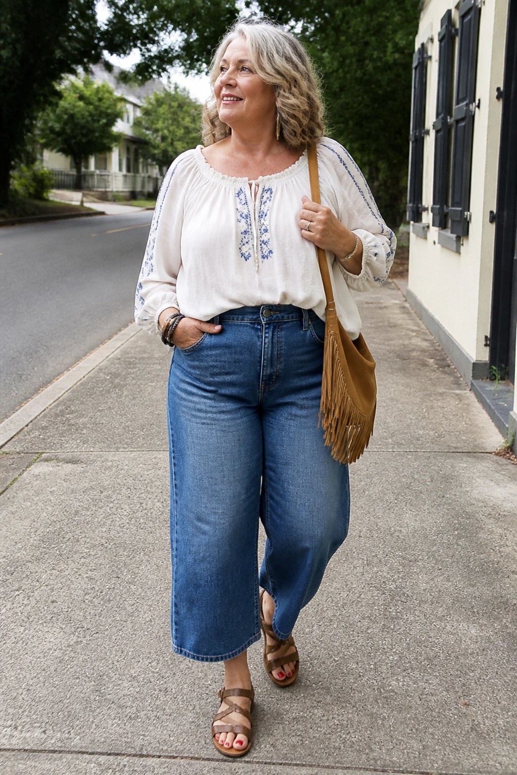 Woman with gray hair in embroidered white blouse and blue wide-leg jeans on sidewalk