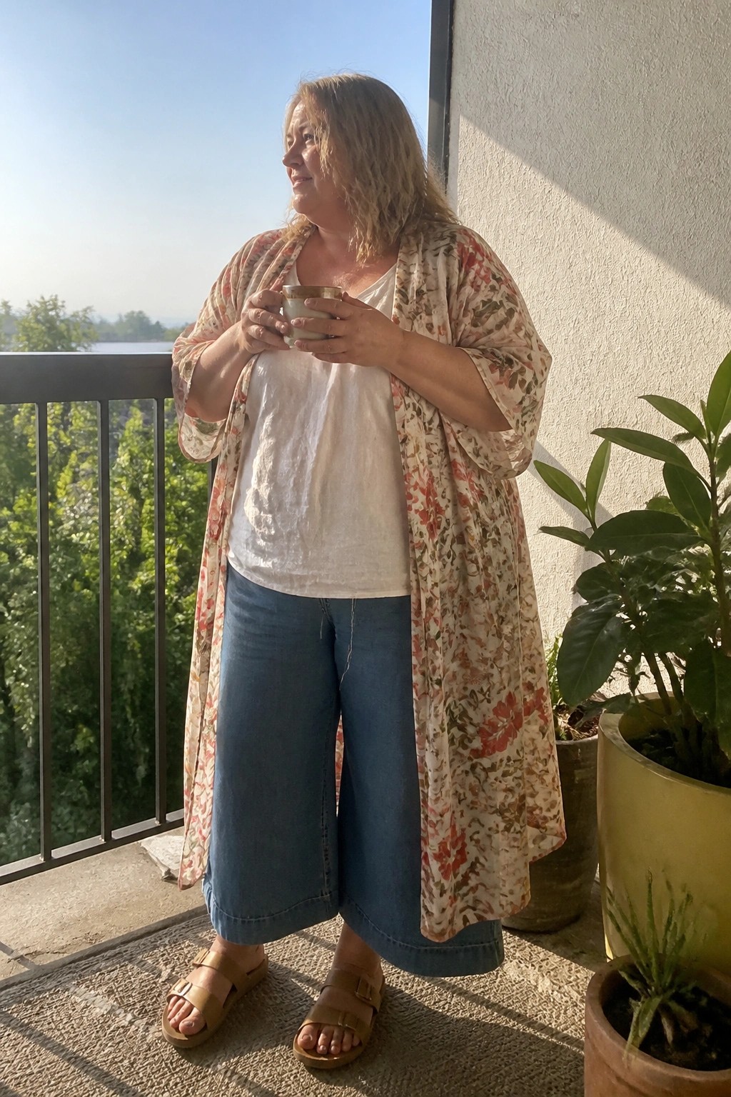 Woman in floral robe holding mug on sunny balcony with potted plants