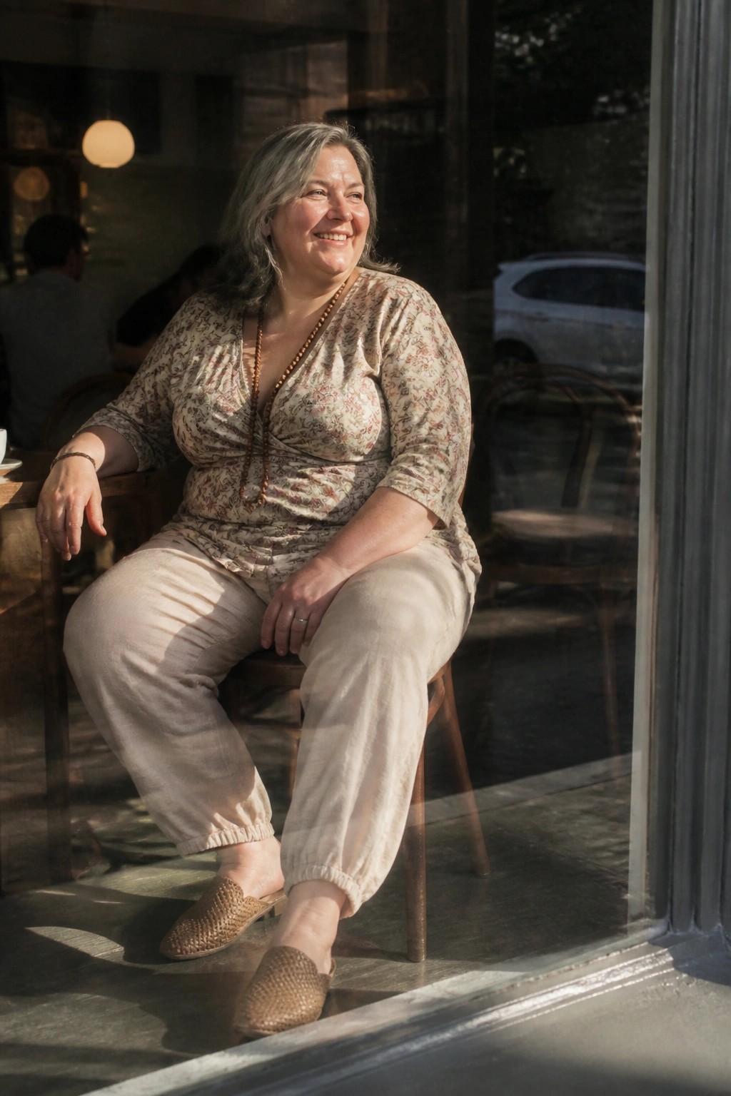 Smiling woman with gray hair in floral wrap top and beige pants by sunny window.
