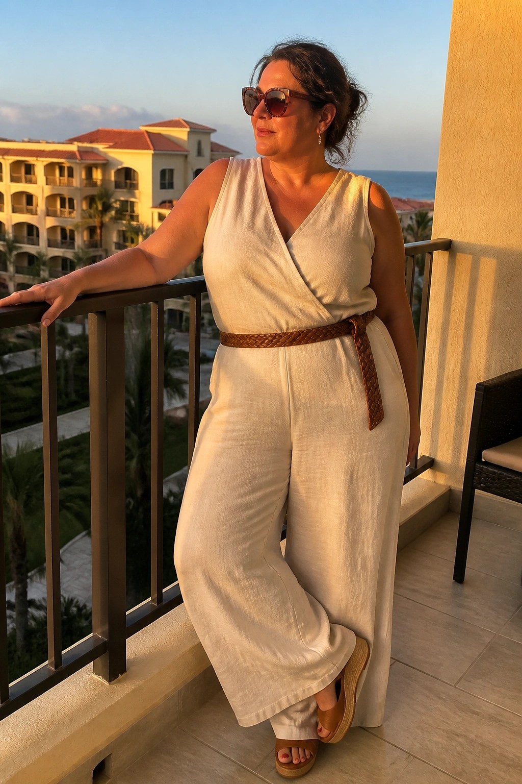 Woman in white jumpsuit with brown belt on ocean-view balcony at sunset