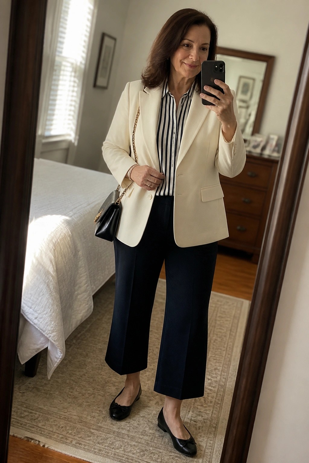 Woman in cream blazer and navy pants taking mirror selfie in bedroom