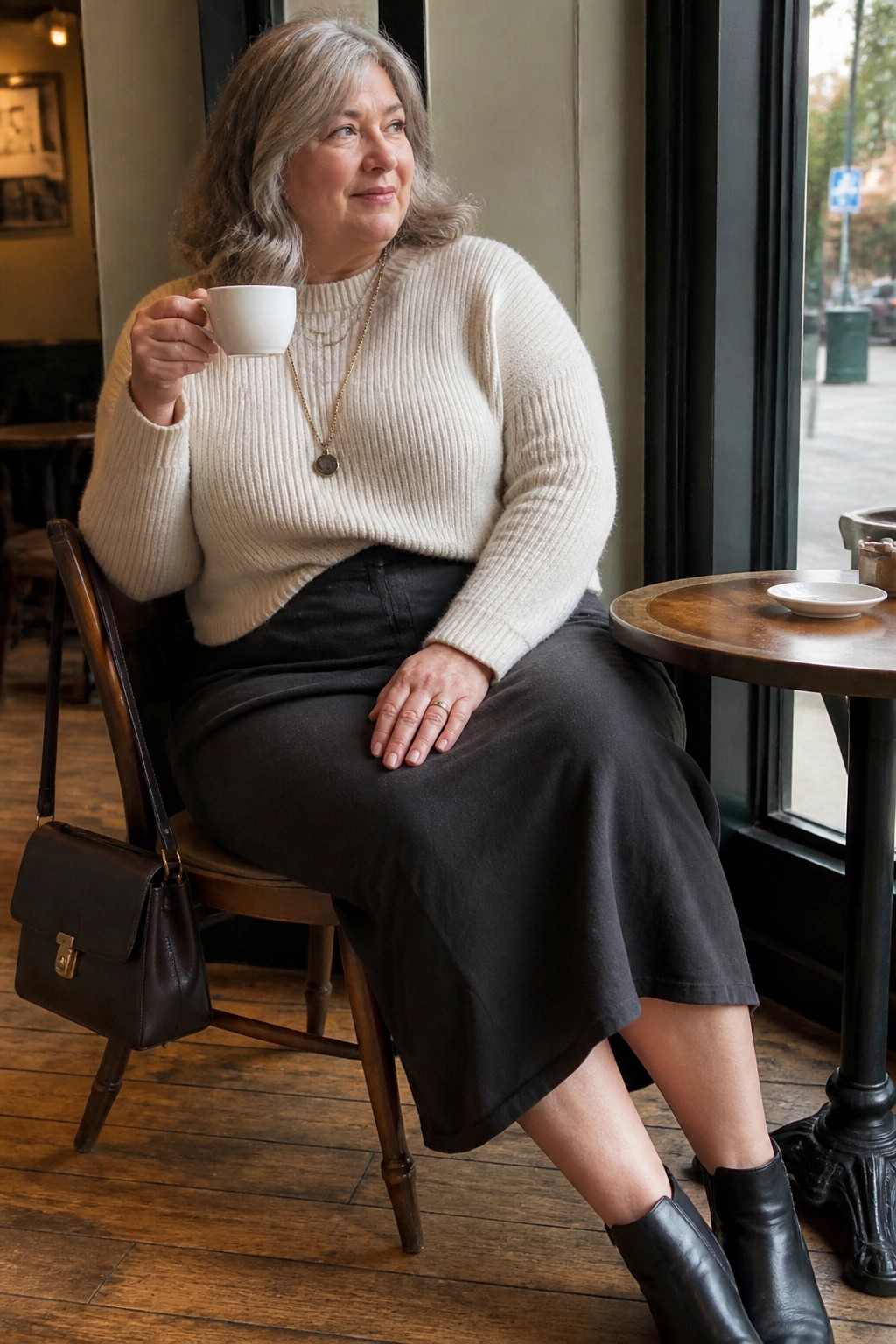 Gray-haired woman in cream sweater and dark skirt holding white cup in cafe