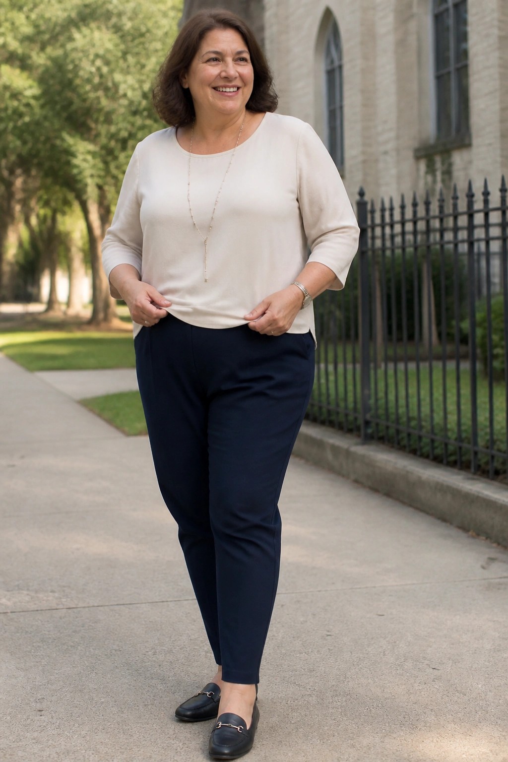 Smiling woman in beige blouse and navy pants on sidewalk near building