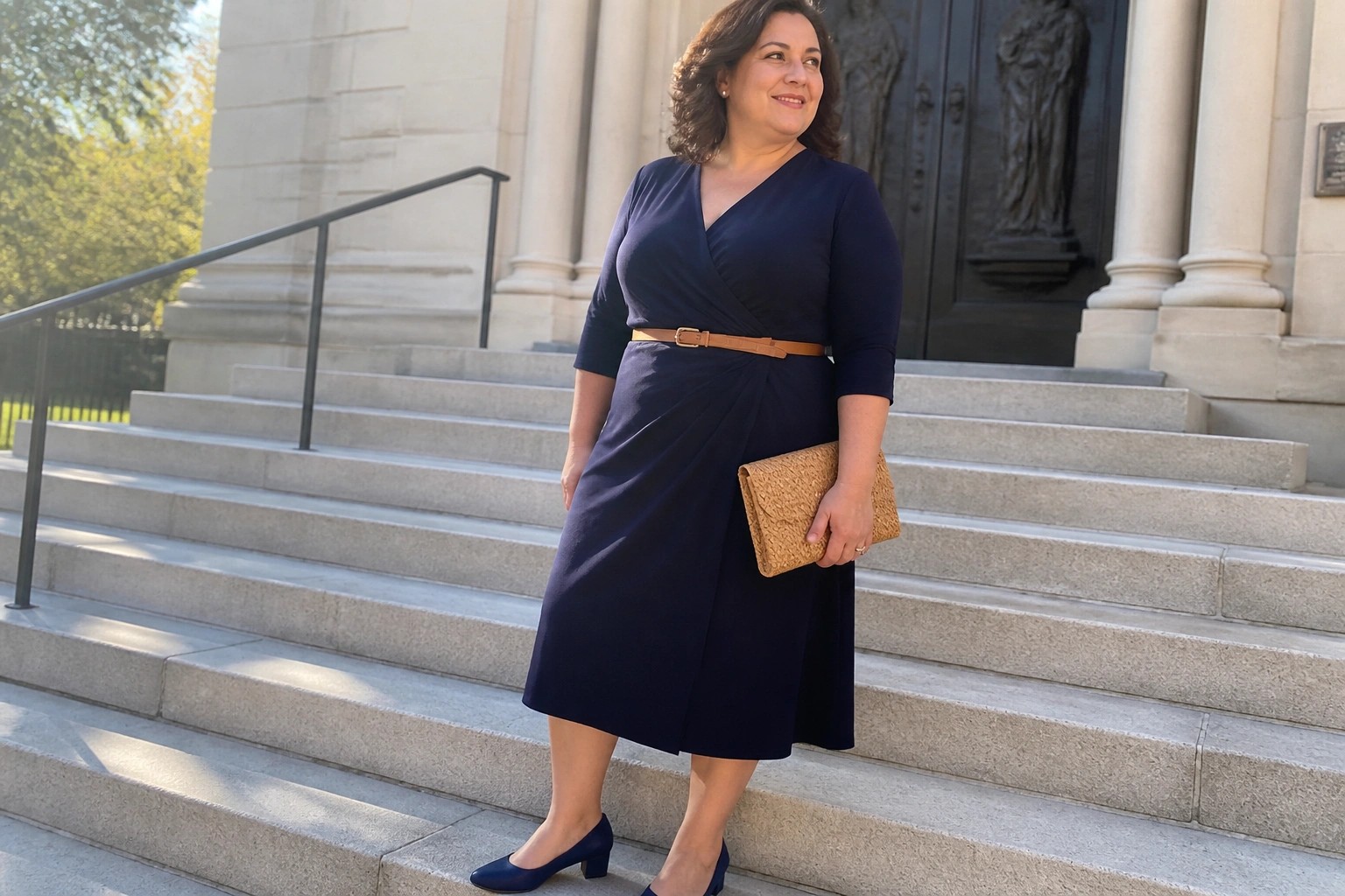 Woman in navy blue wrap dress holding clutch on stone steps