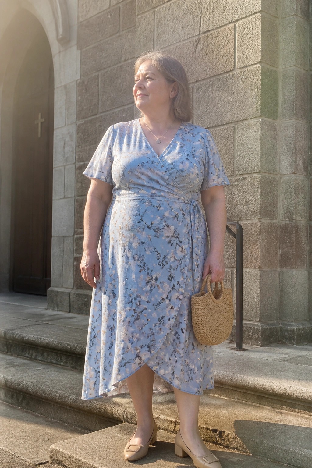 Older woman in light blue floral wrap dress holding woven bag on stone steps