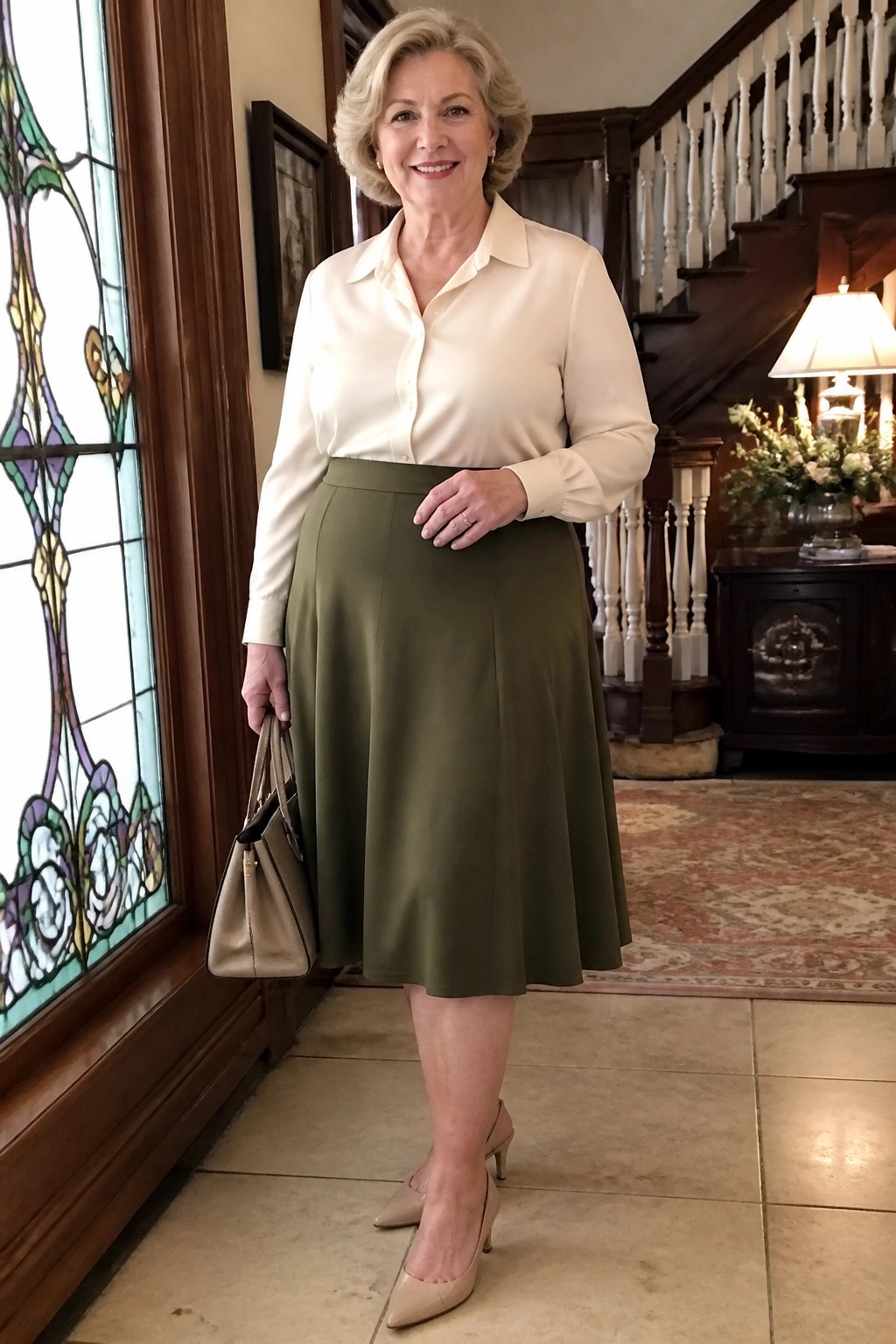 Woman wearing a cream button-up blouse tucked into an olive green A-line midi skirt with beige heels and matching handbag.