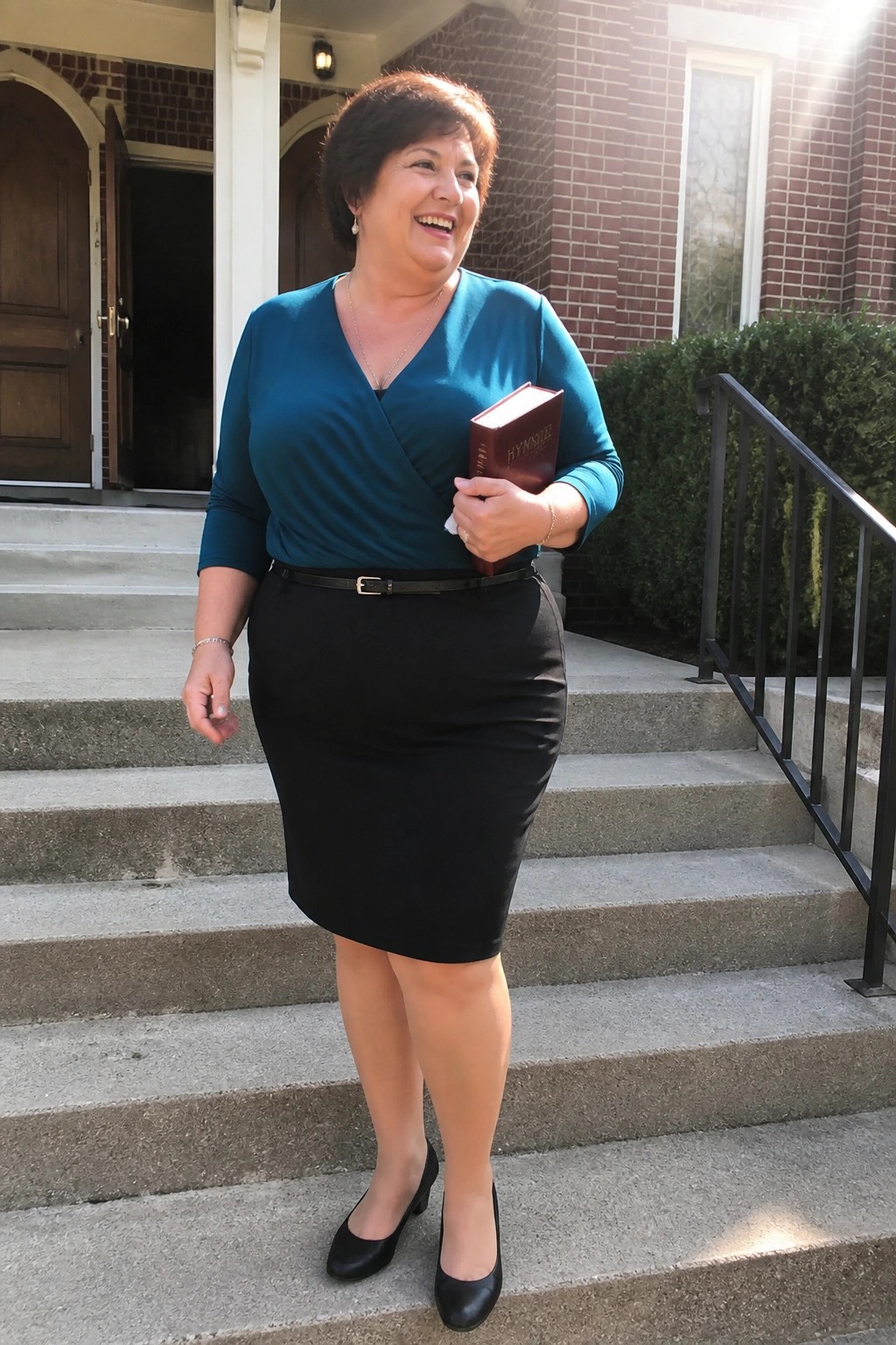 Plus size woman over 50 wearing a teal wrap top tucked into a black pencil skirt with a thin black belt and black heels while holding a red hymnal book.