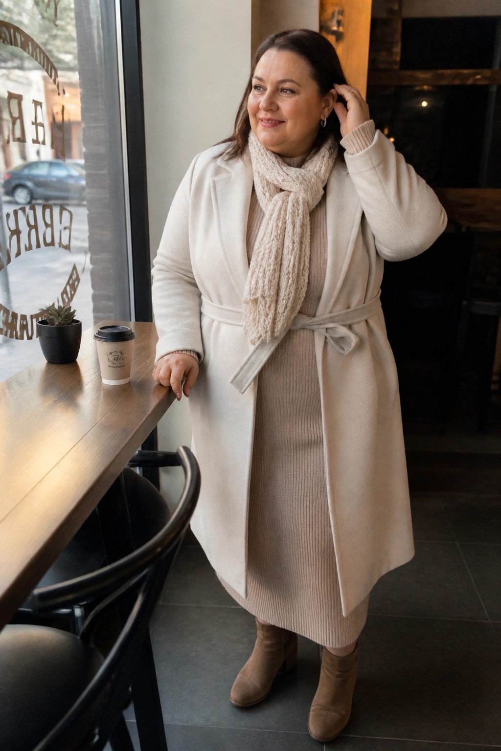 Woman in cream coat and knit scarf by cafe table with coffee