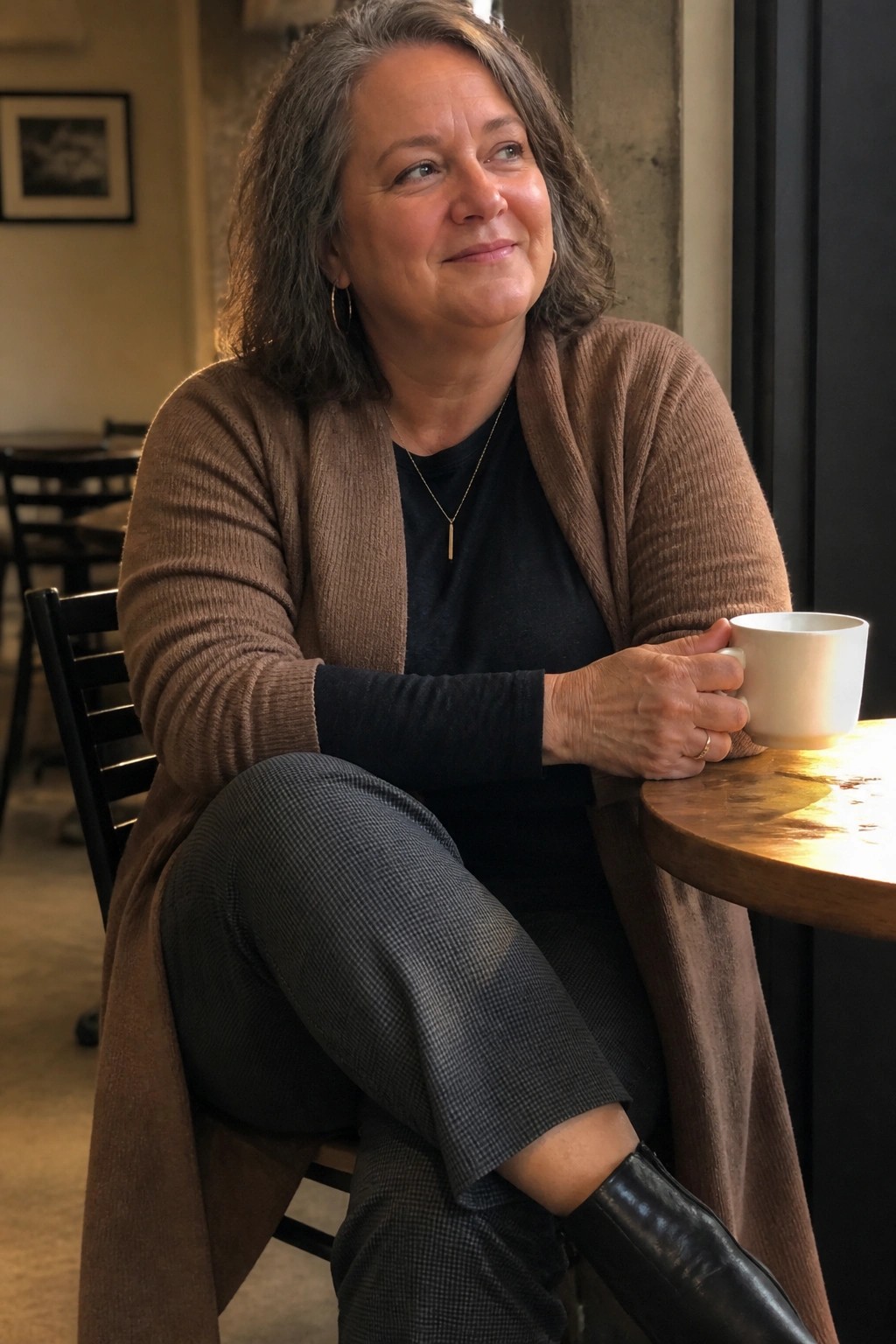 Woman with graying hair in brown cardigan holds white mug at wooden cafe table