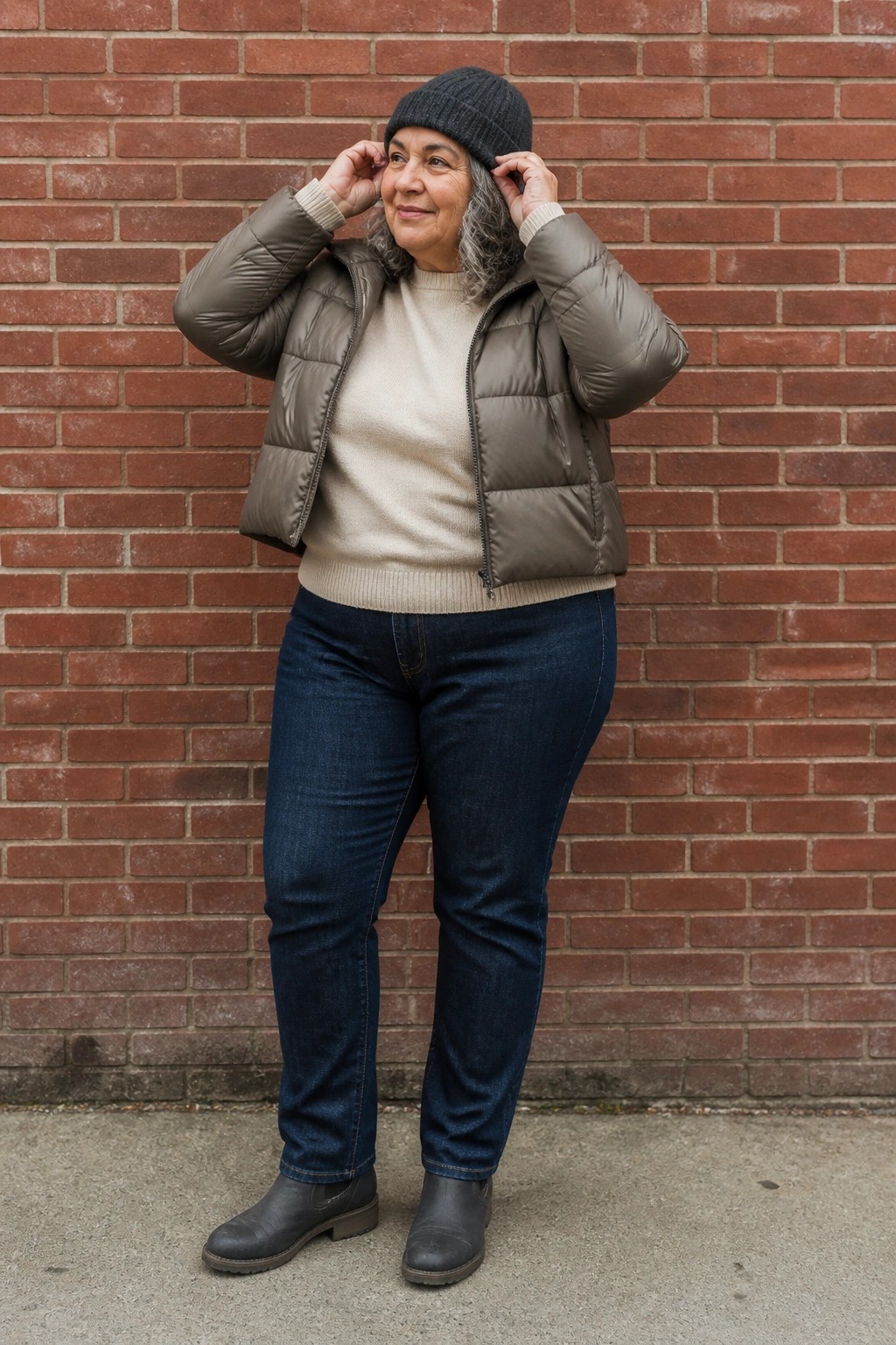 Woman with gray hair adjusts beanie in puffer jacket before red brick wall.
