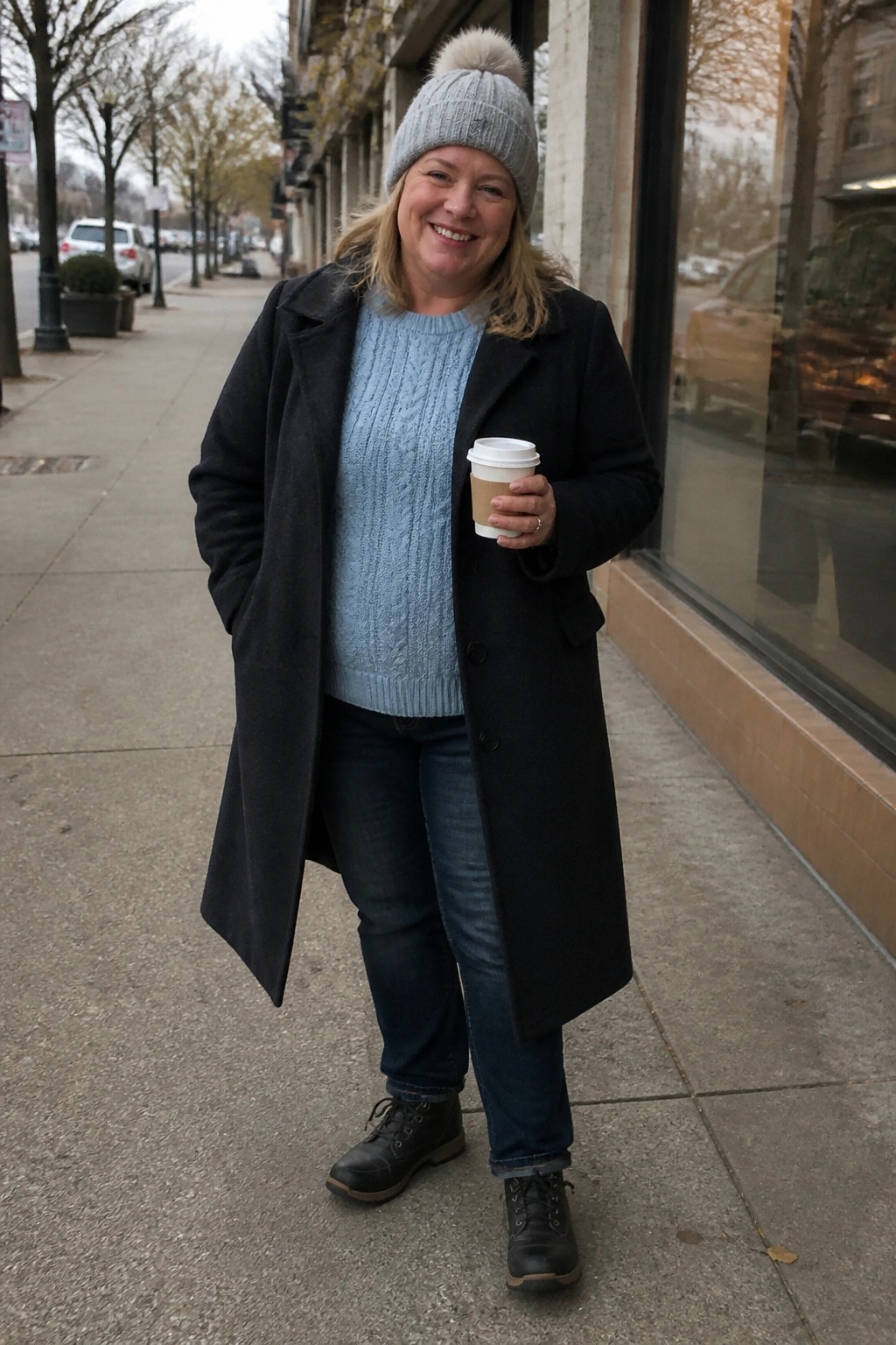 Smiling woman in gray pom-pom hat and blue sweater holding coffee on sidewalk