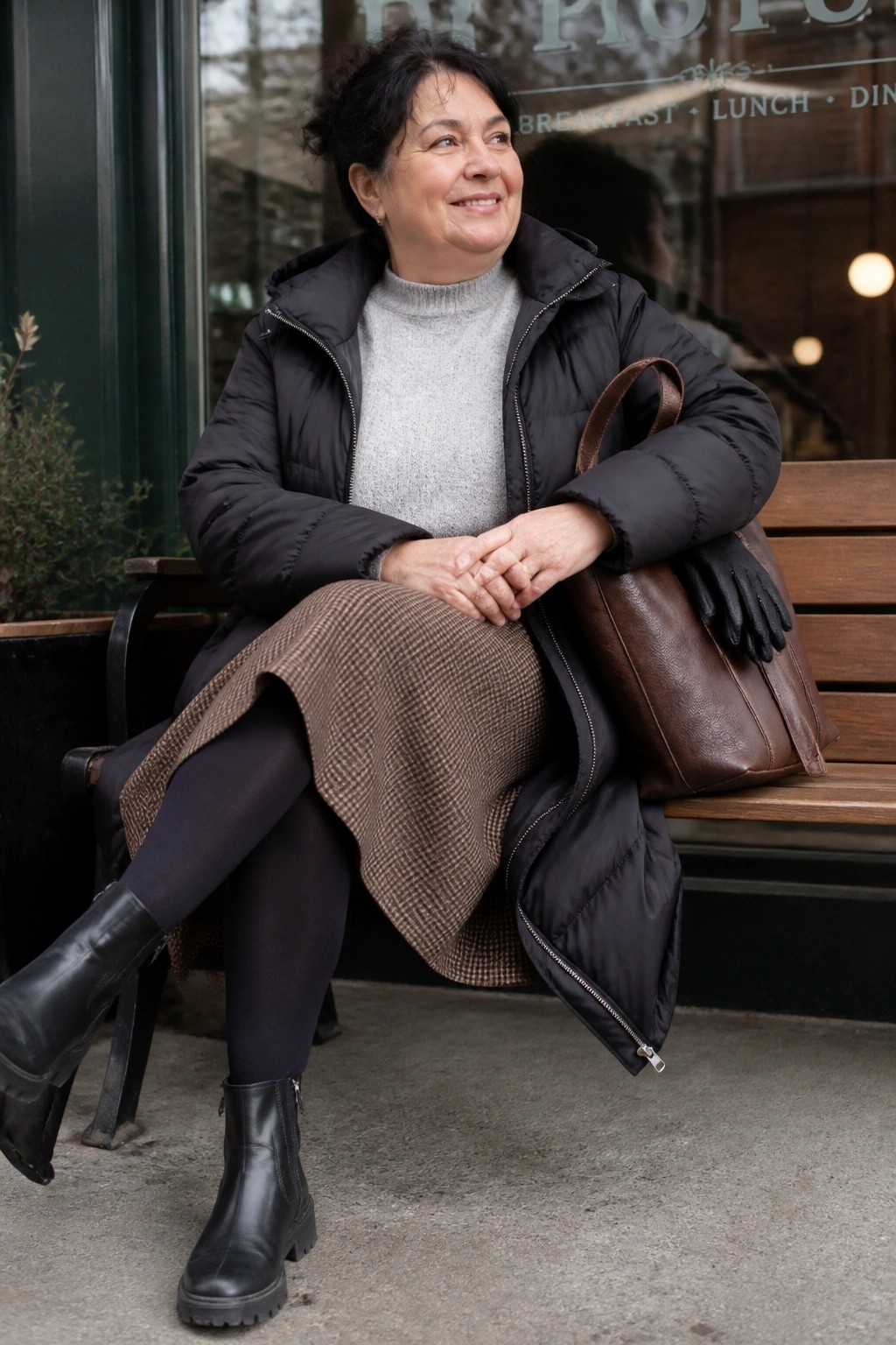 Woman in black puffer jacket and checkered skirt sits on bench with leather bag