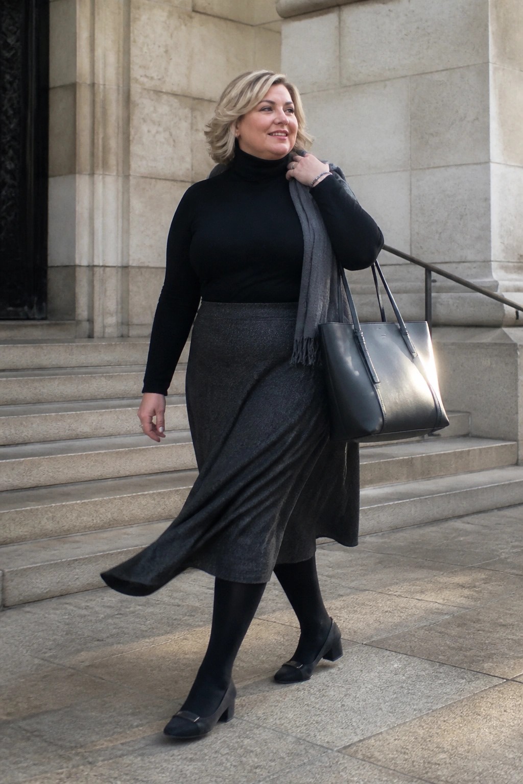 Blonde woman in black turtleneck and flowing gray skirt on stone steps with handbag.