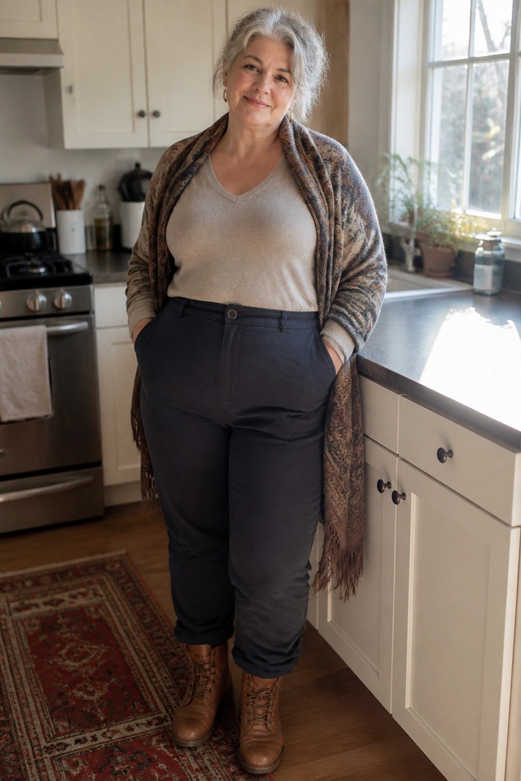 Gray-haired woman in patterned shawl and dark pants standing in kitchen