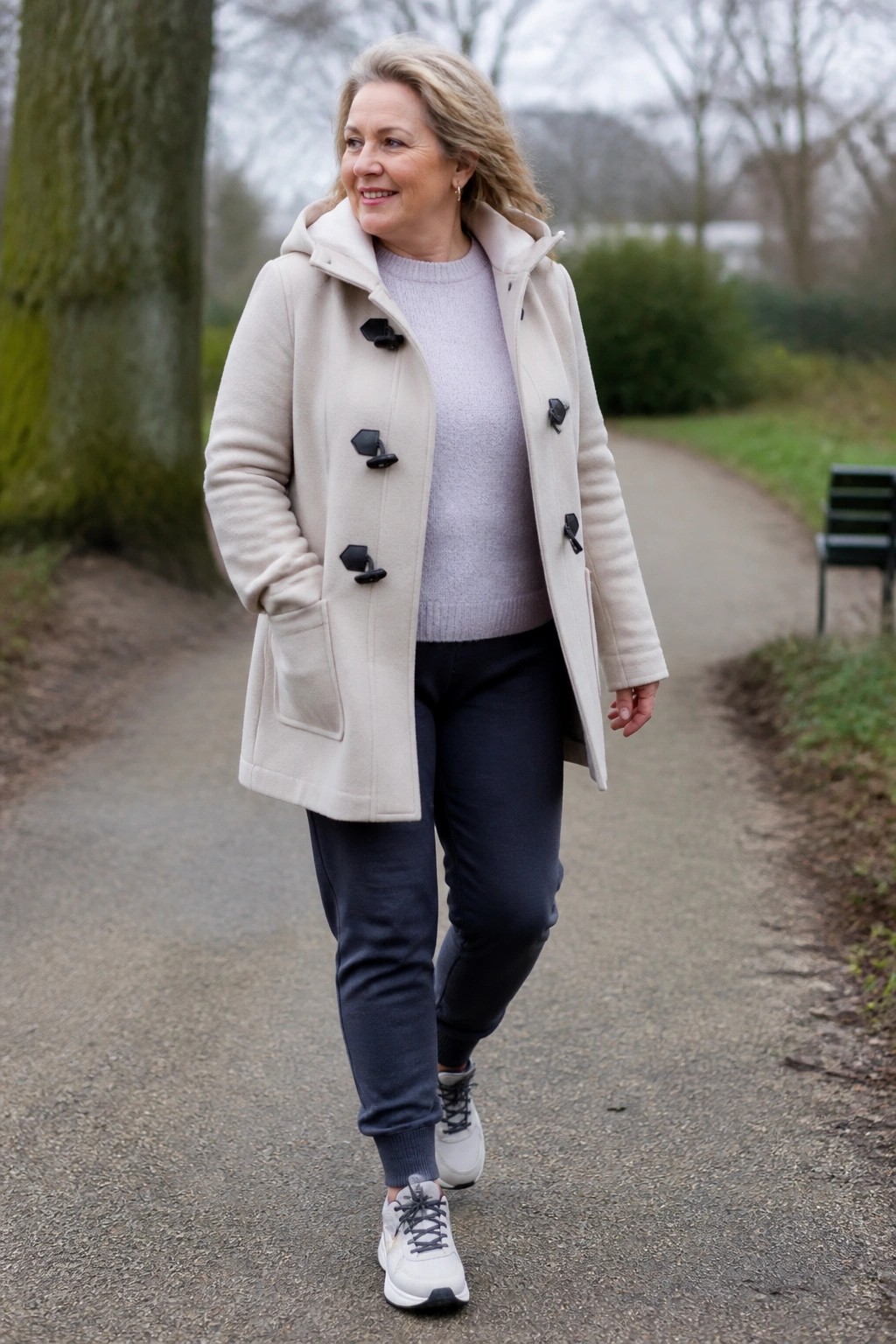 Blonde woman in beige toggle coat over lavender sweater on park path