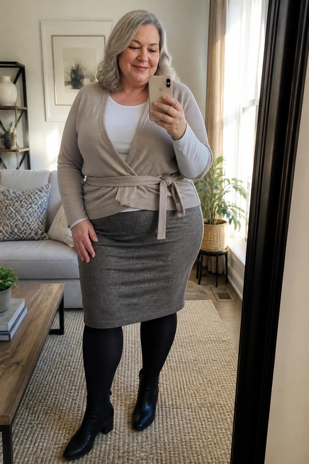 Gray-haired woman in beige wrap cardigan and gray skirt taking mirror selfie