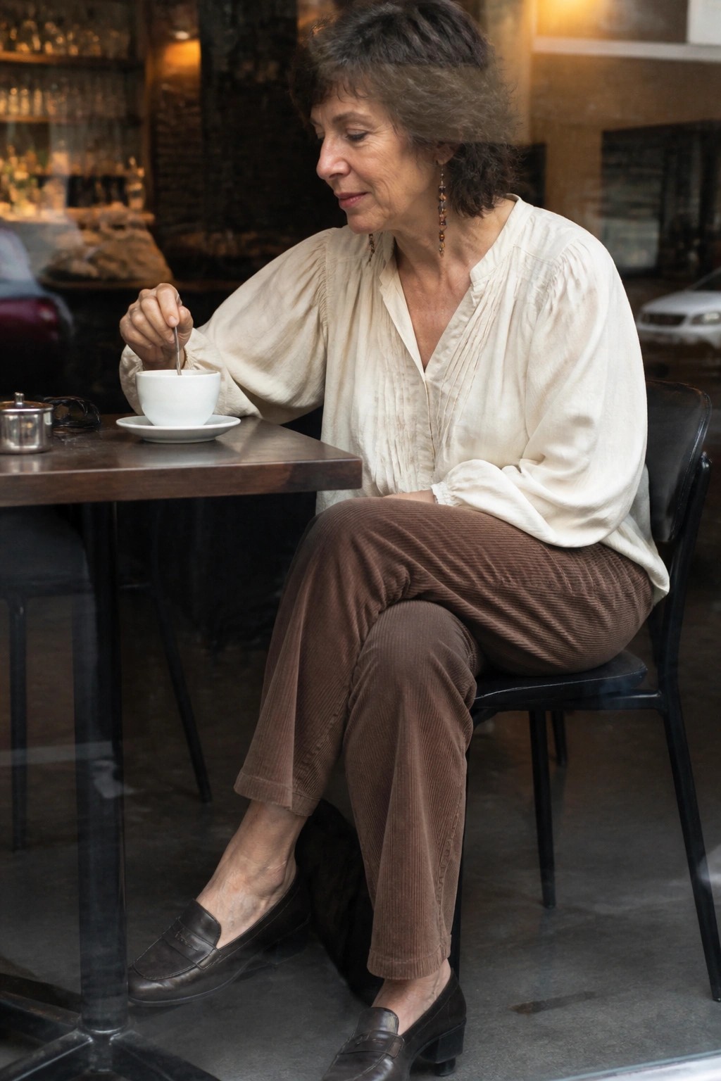 Woman in cream blouse stirring coffee at wooden cafe table