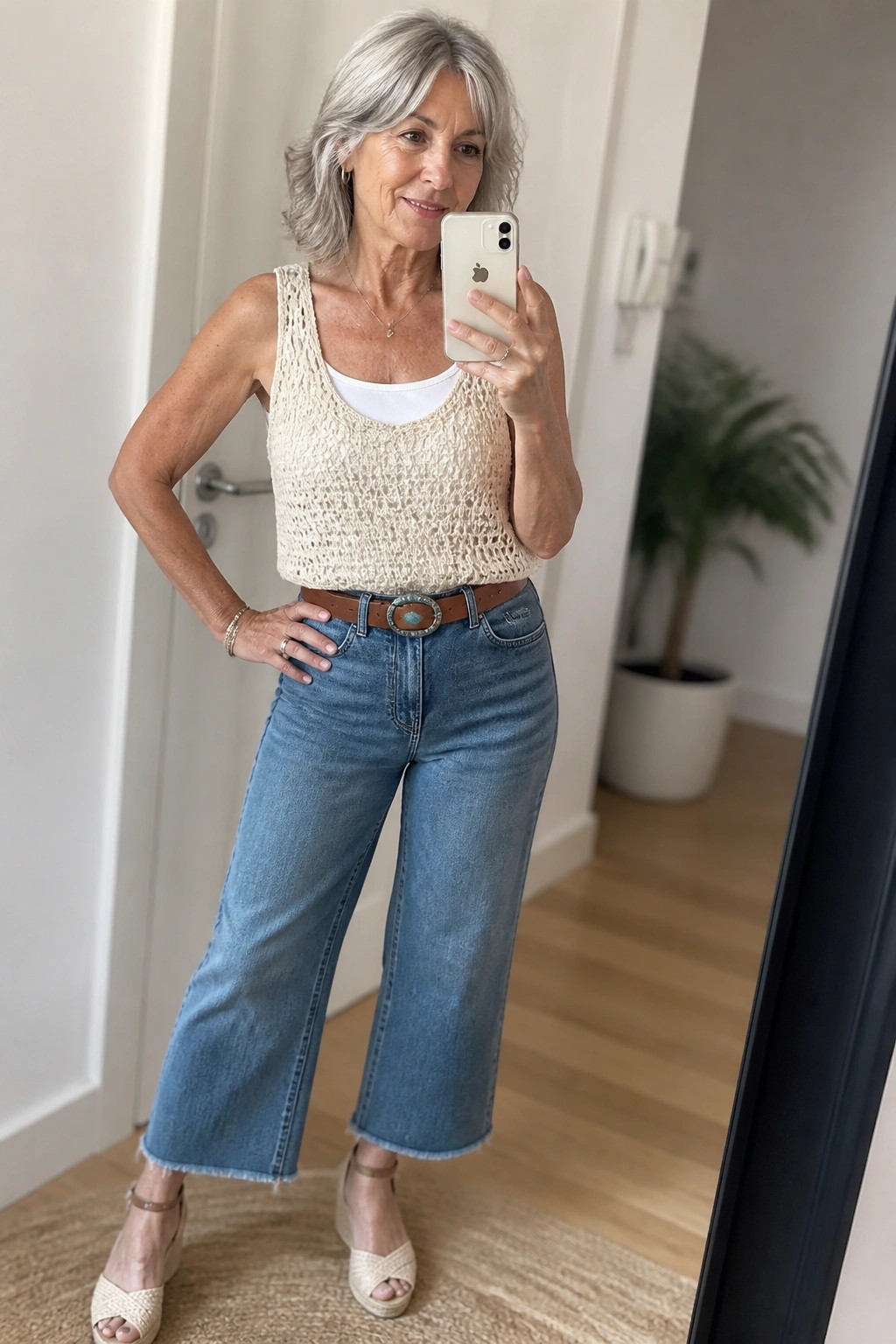 Woman over 50 wearing a cream open knit crochet tank layered over a white tank top with blue wide leg cropped jeans a brown leather belt and beige wedge sandals.