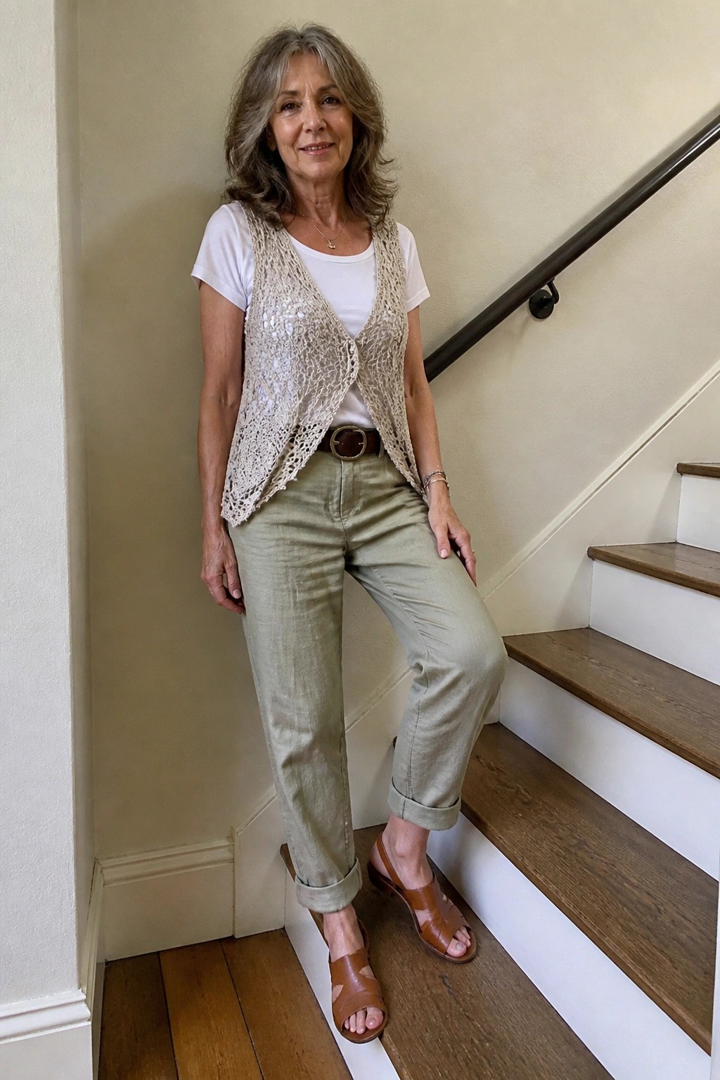 Older woman in white tee, crochet vest, and olive pants on staircase