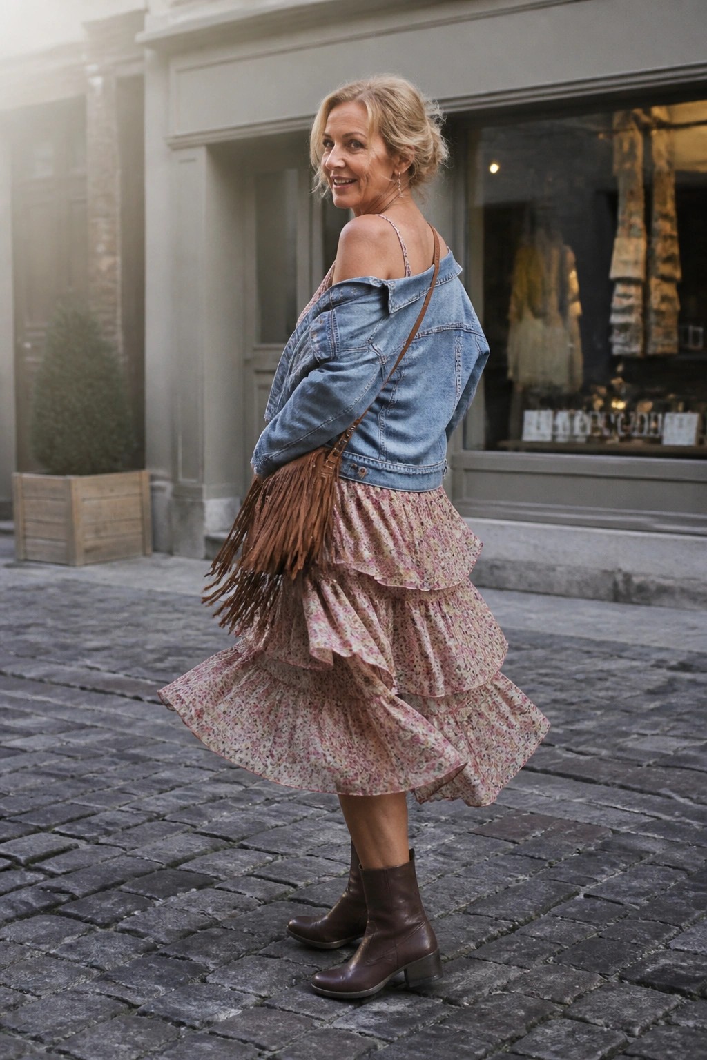 Woman over 50 wearing off shoulder denim jacket layered over pink floral tiered ruffle dress with spaghetti straps, brown fringed crossbody bag, and brown ankle boots.