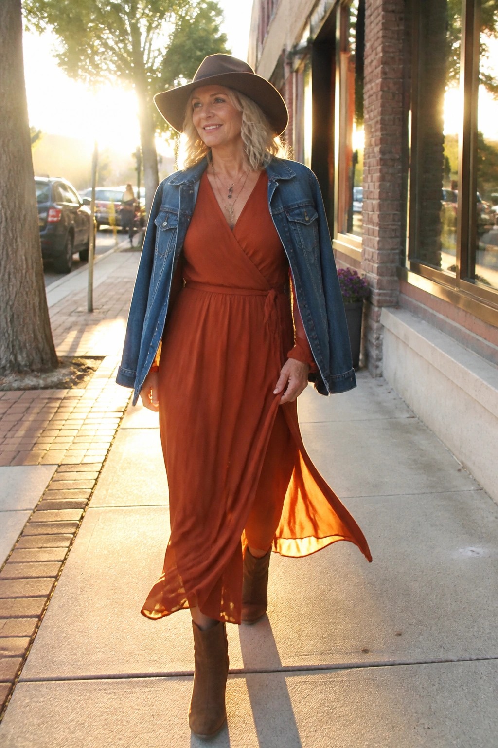 Woman in rust wrap dress, denim jacket, brown hat, and boots walks on sidewalk