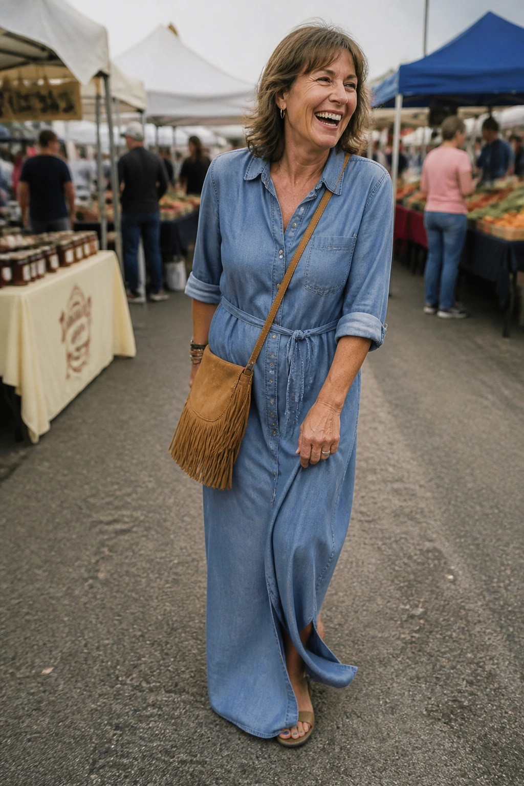 Smiling woman in long blue denim shirt dress with fringed bag at market