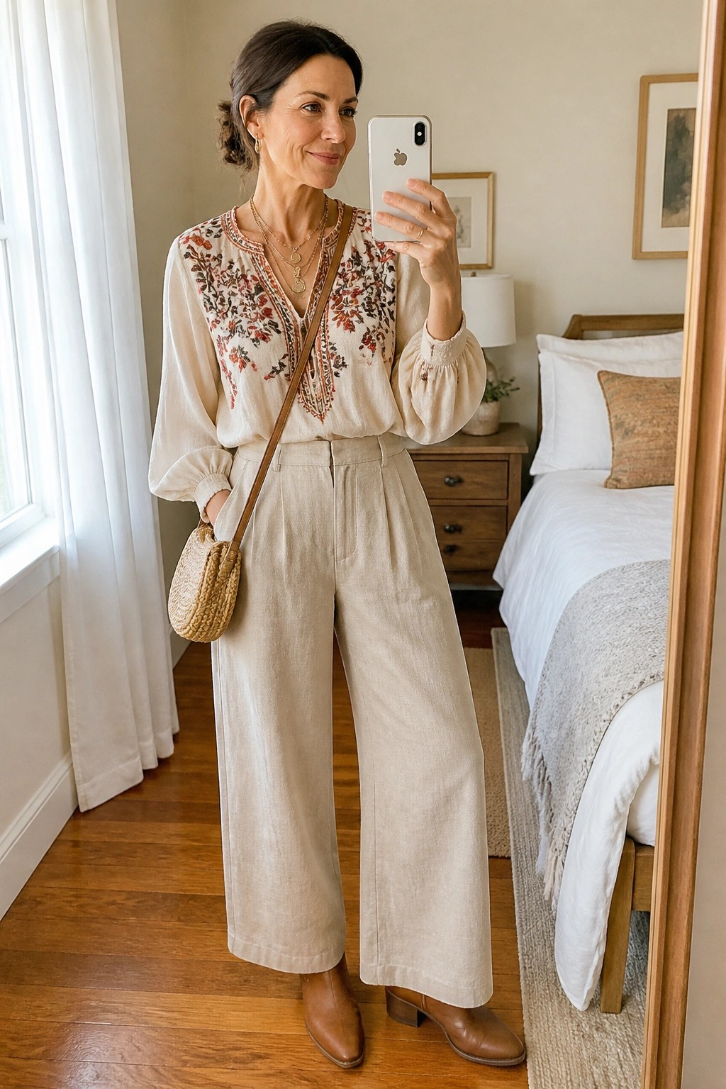 Woman in embroidered blouse and wide-leg pants taking bedroom mirror selfie