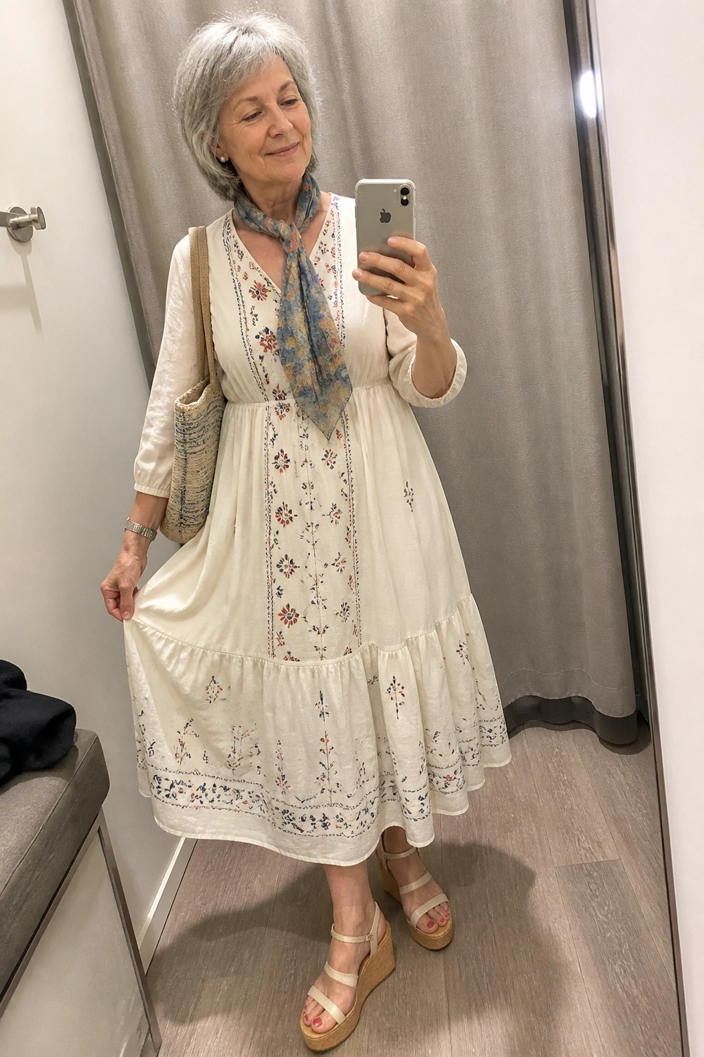 Gray-haired woman in white embroidered dress and scarf taking mirror selfie with phone