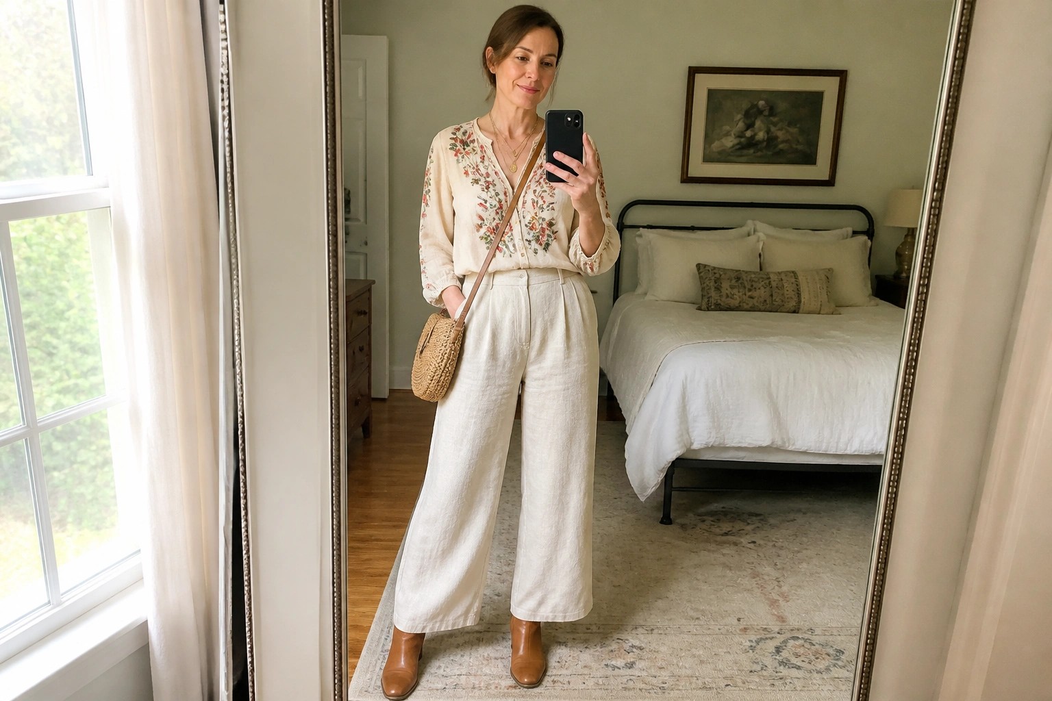 Woman in embroidered blouse and wide-leg pants taking bedroom mirror selfie